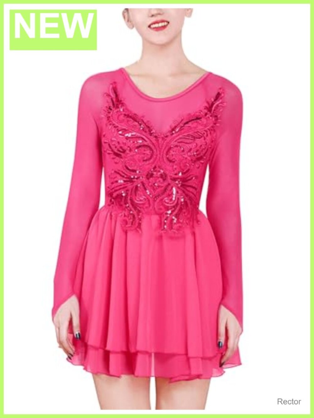 Women Figure Skating Dress Mesh Long Sleeve Sequin Beaded Chiffon Skirted